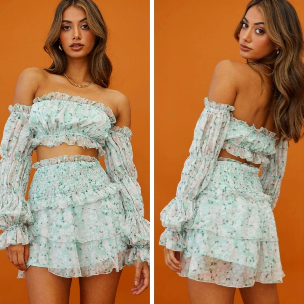 Saint Secrets Floral Print Off Shoulder Crop Top & Skirt
